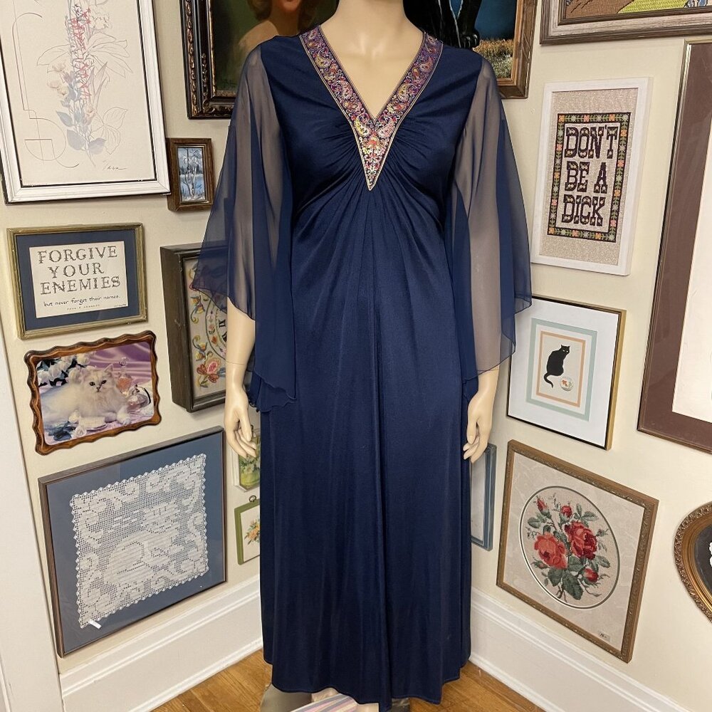 70s Vintage Navy Blue Gown With Sheer Sleeves & Embroidered V-Neck Size XL - Picture 3 of 5